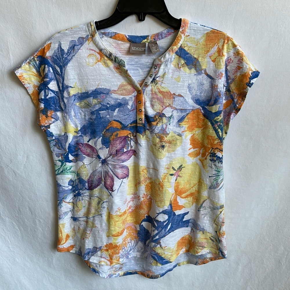 Chico’s multicolor floral V-neck top, size 1/M